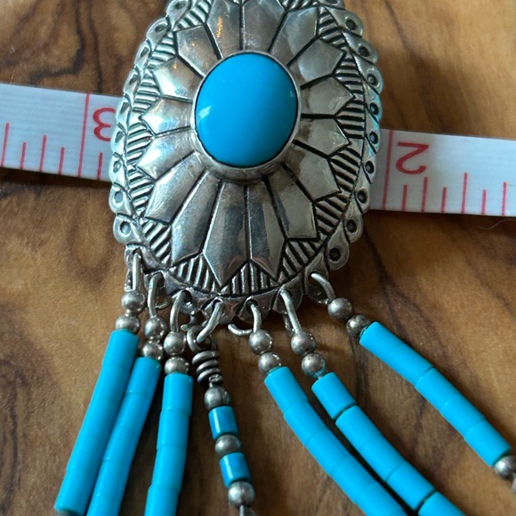 Sterling Turquoise Concho Earrings with Fringe and Feather - Picture 6 of 6